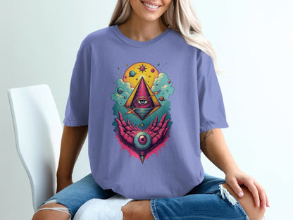 Cosmic Pyramid with Eye in Hand Graphic Stylish T-Shirt - IconVexa