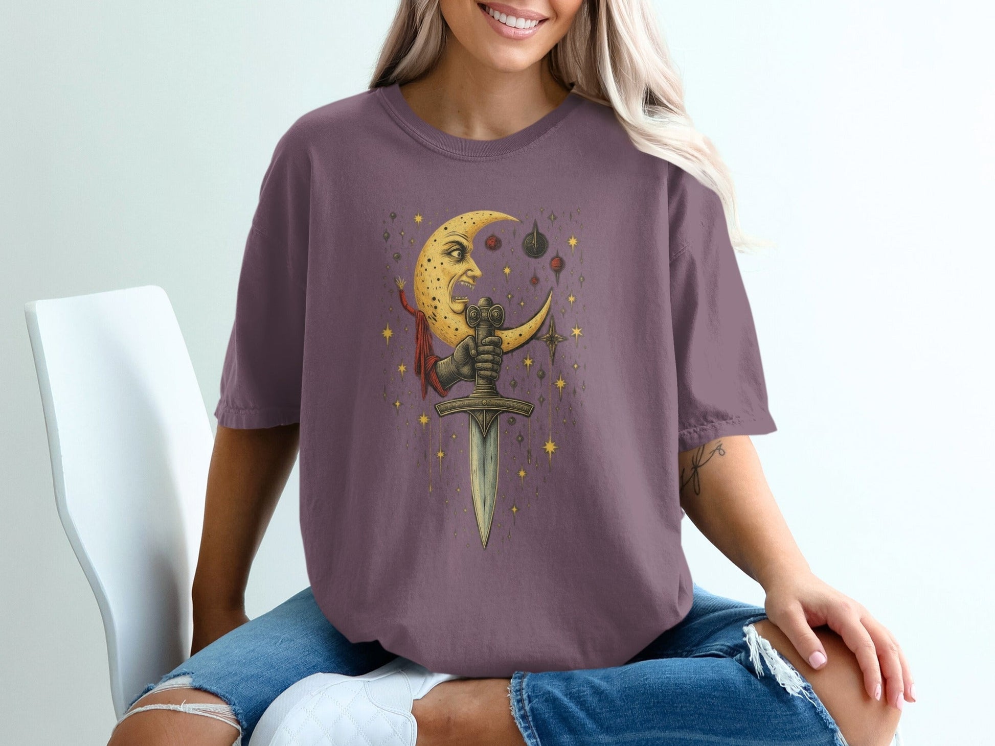 Crescent Moon And Sword Fantasy Graphic Design T-Shirt - IconVexa