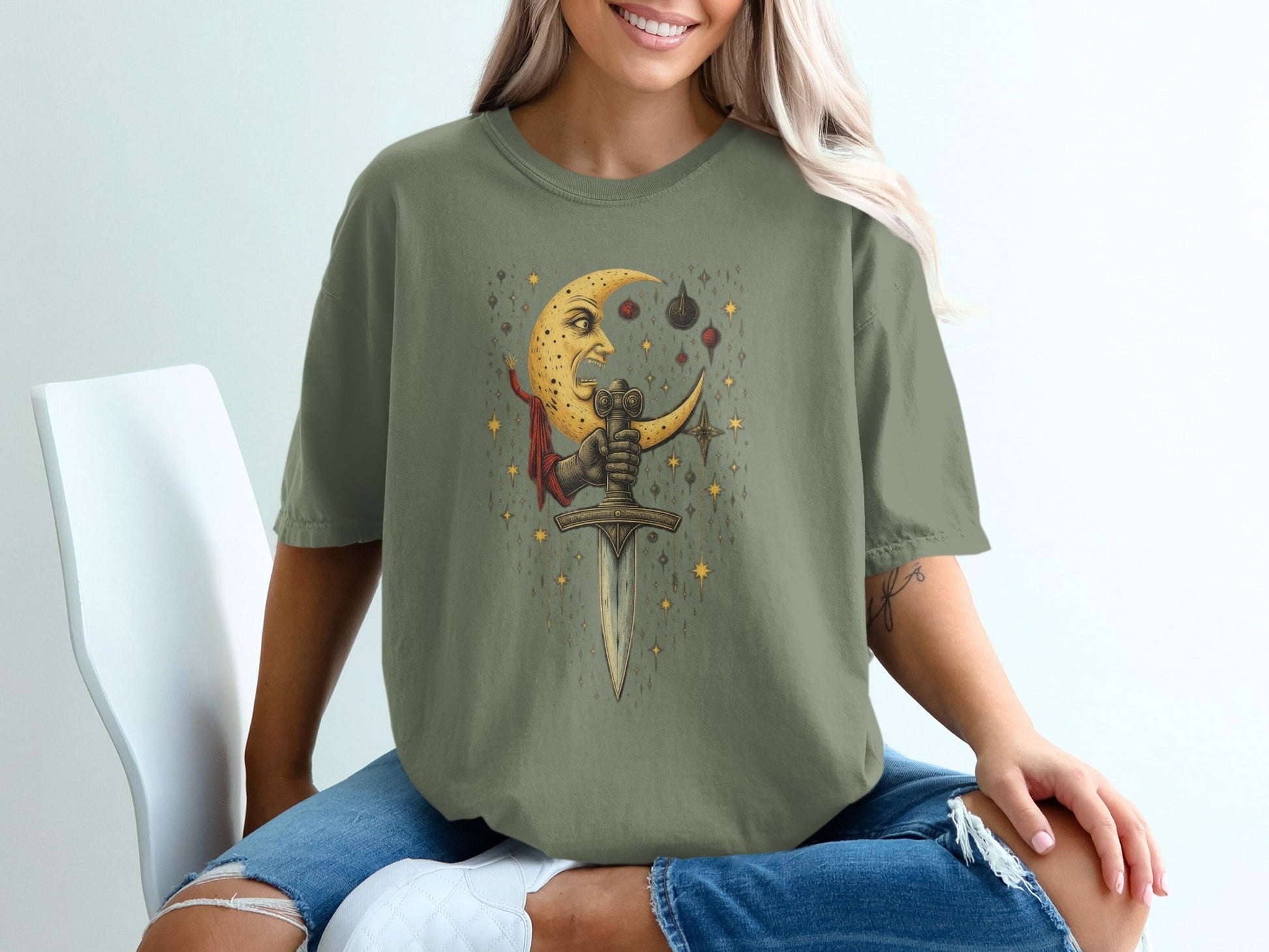 Crescent Moon And Sword Fantasy Graphic Design T-Shirt - IconVexa