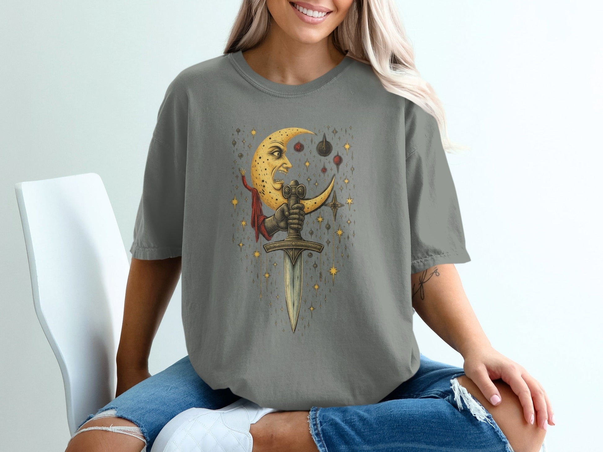 Crescent Moon And Sword Fantasy Graphic Design T-Shirt - IconVexa