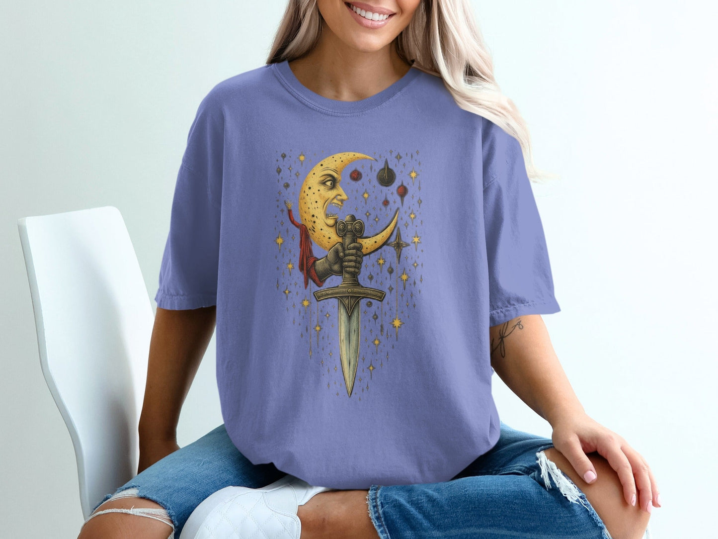 Crescent Moon And Sword Fantasy Graphic Design T-Shirt - IconVexa