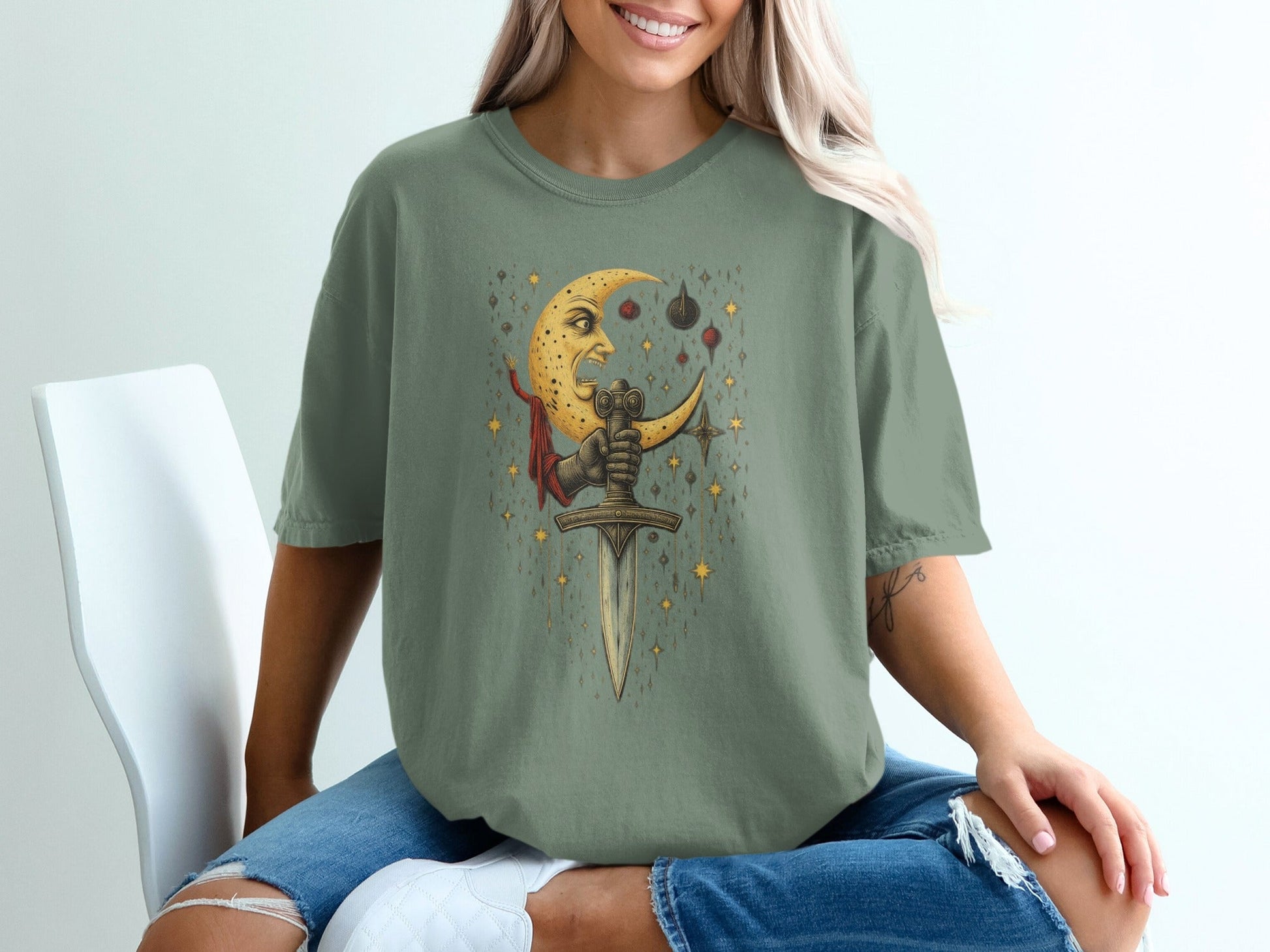 Crescent Moon And Sword Fantasy Graphic Design T-Shirt - IconVexa