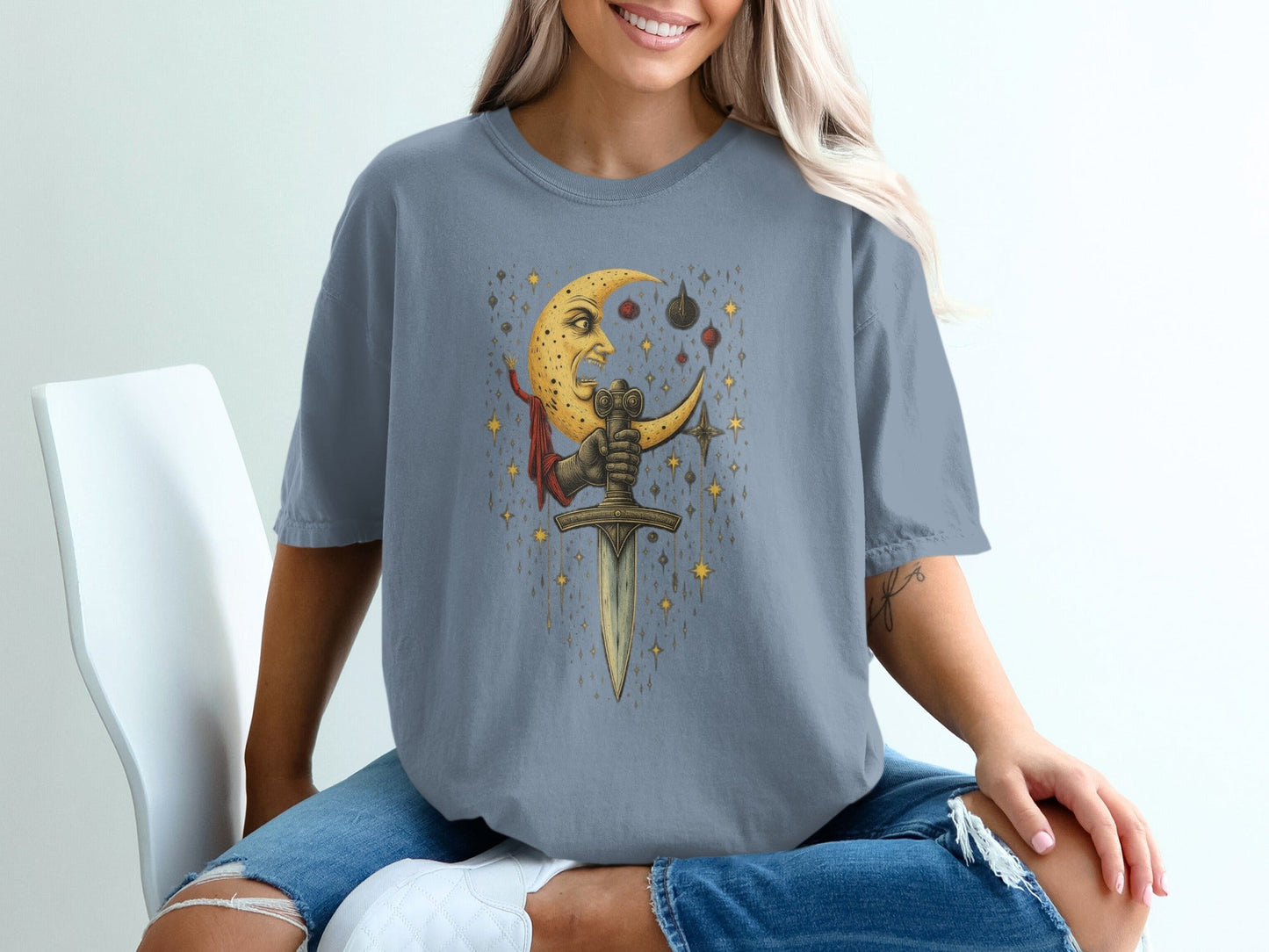 Crescent Moon And Sword Fantasy Graphic Design T-Shirt - IconVexa