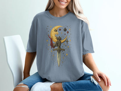 Crescent Moon And Sword Fantasy Graphic Design T-Shirt - IconVexa