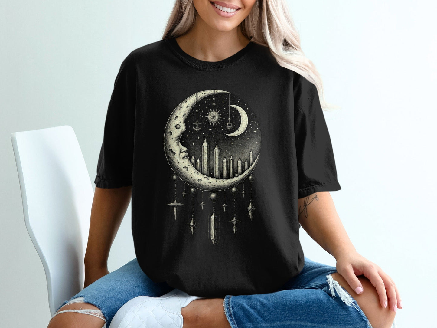 Crescent Moon Celestial Design Stars Graphic Print T-Shirt - IconVexa