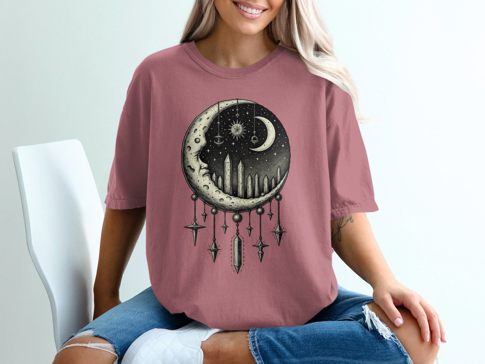 Crescent Moon Celestial Design Stars Graphic Print T-Shirt - IconVexa