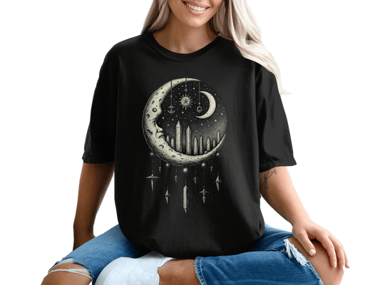 Crescent Moon Celestial Design Stars Graphic Print T-Shirt - IconVexa