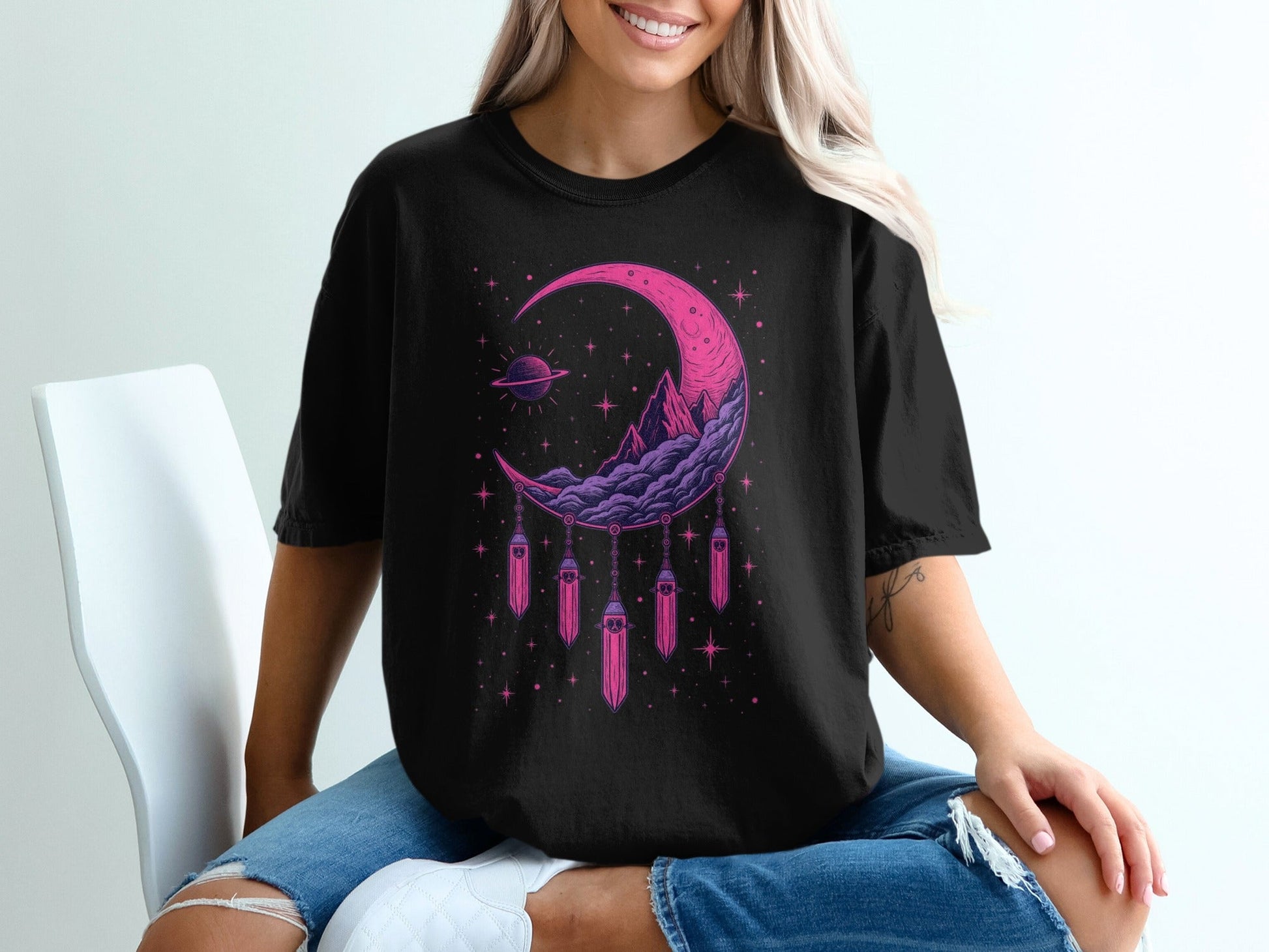 Crescent Moon With Crystals And Planet Graphic T-Shirt - IconVexa