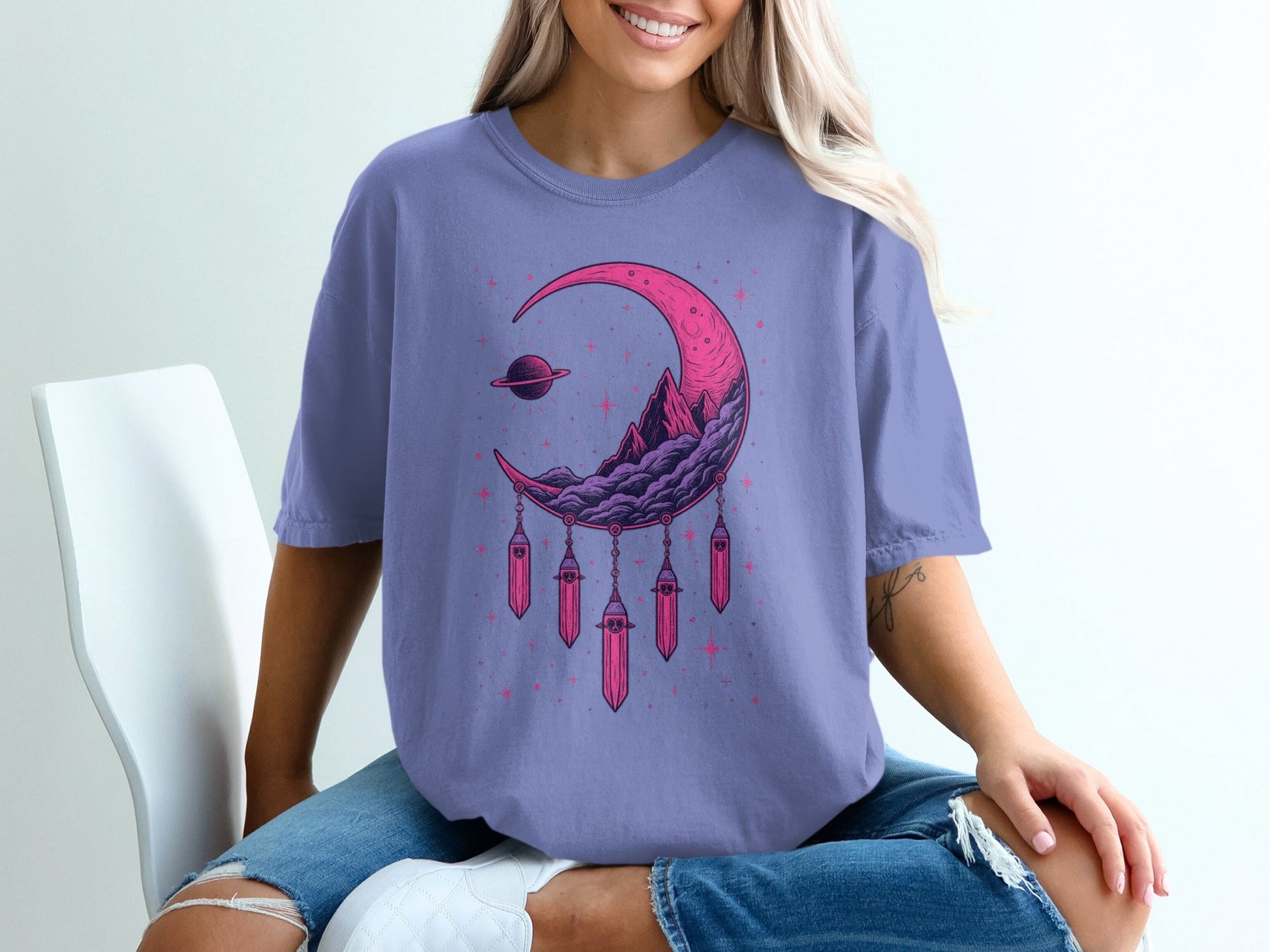 Crescent Moon With Crystals And Planet Graphic T-Shirt - IconVexa