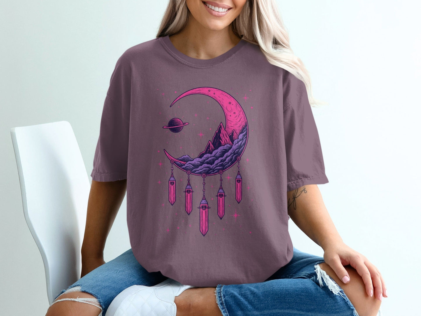 Crescent Moon With Crystals And Planet Graphic T-Shirt - IconVexa