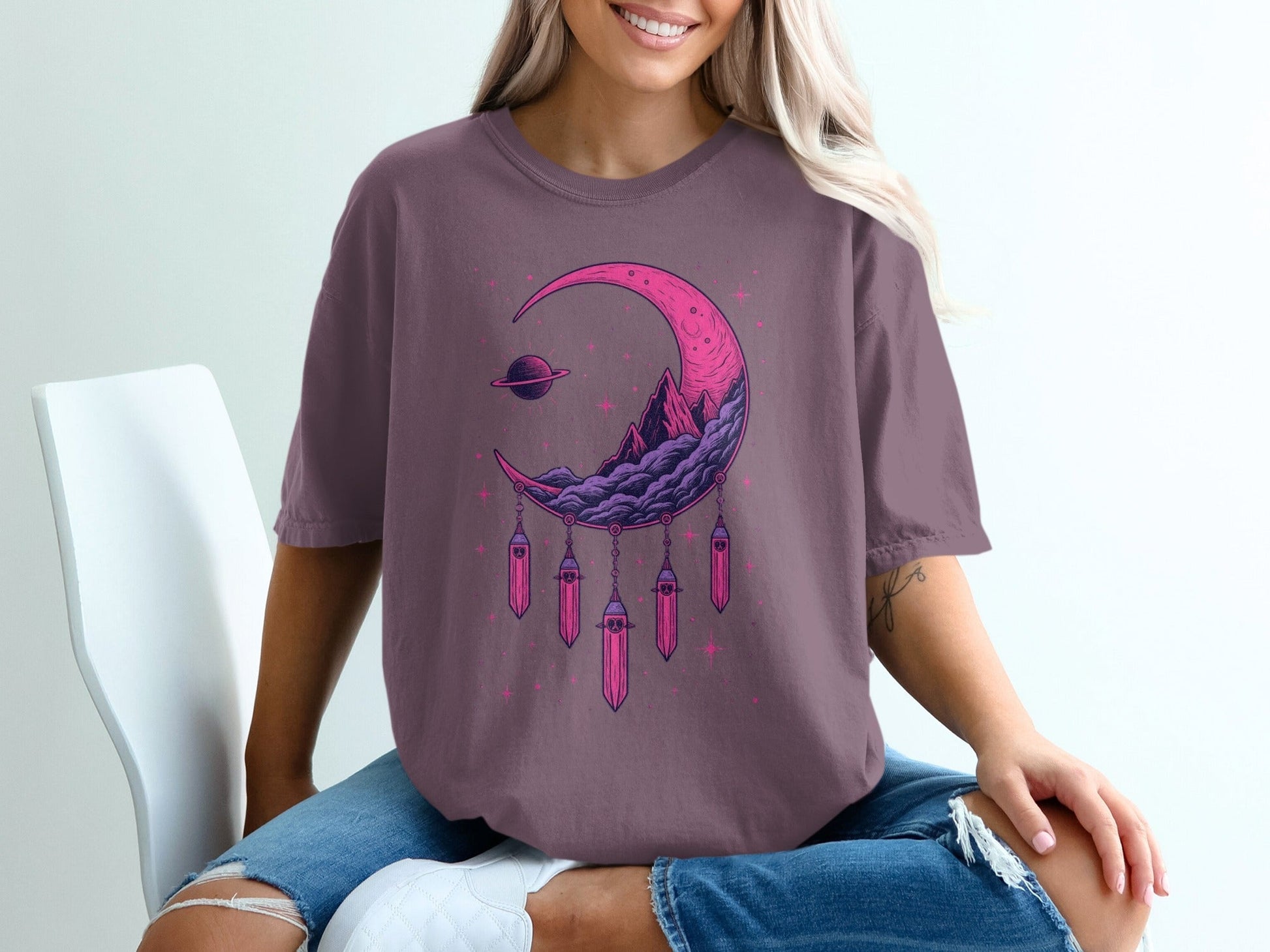 Crescent Moon With Crystals And Planet Graphic T-Shirt - IconVexa