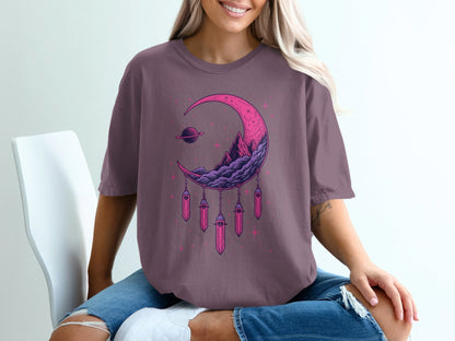 Crescent Moon With Crystals And Planet Graphic T-Shirt - IconVexa