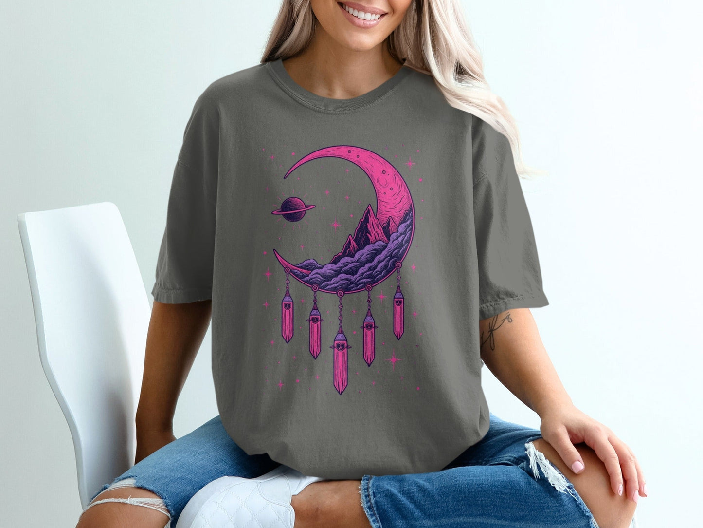 Crescent Moon With Crystals And Planet Graphic T-Shirt - IconVexa