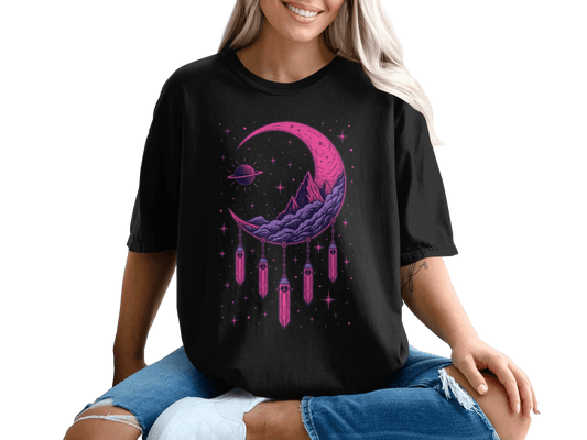 Crescent Moon With Crystals And Planet Graphic T-Shirt - IconVexa
