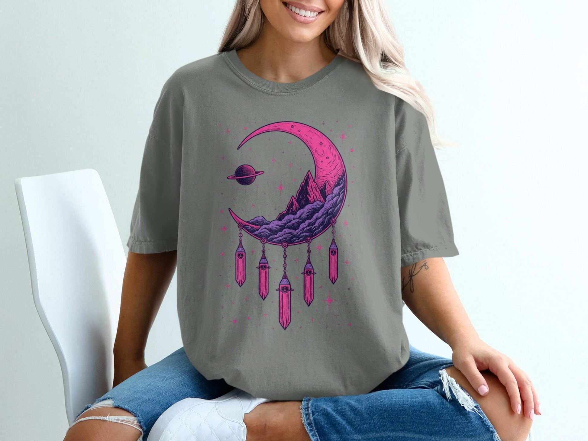 Crescent Moon With Crystals And Planet Graphic T-Shirt - IconVexa