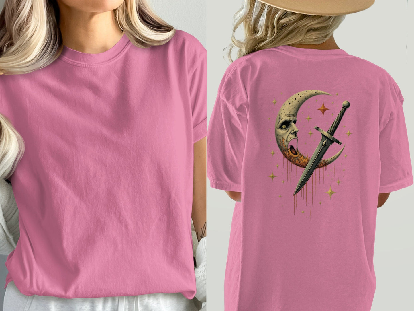 Crescent Moon with Dagger and Stars Graphic Design T-Shirt - IconVexa