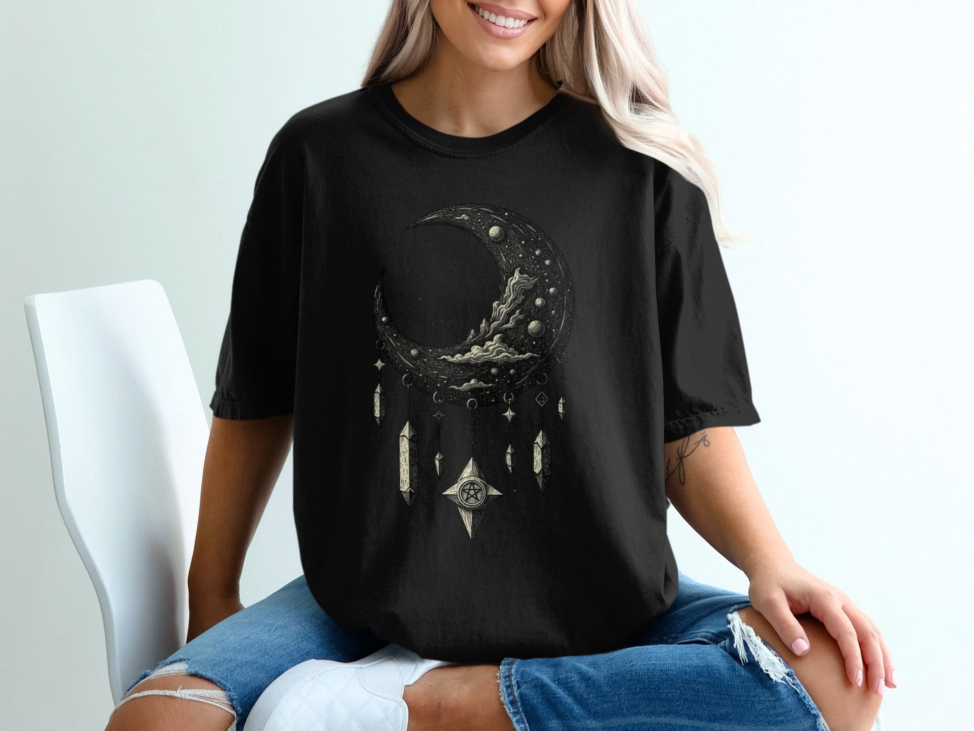 Crescent Moon With Stars And Pentagram Design Graphic T-Shirt - IconVexa