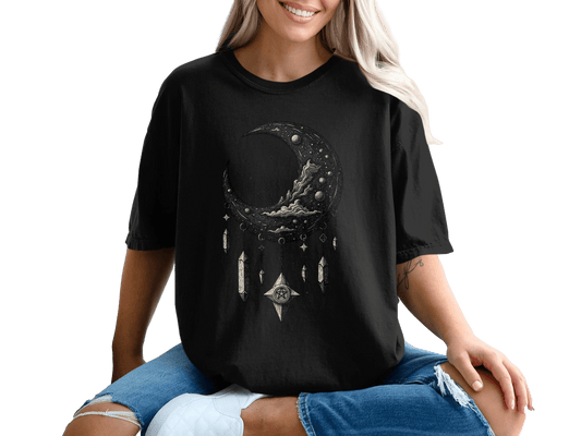 Crescent Moon With Stars And Pentagram Design Graphic T-Shirt - IconVexa