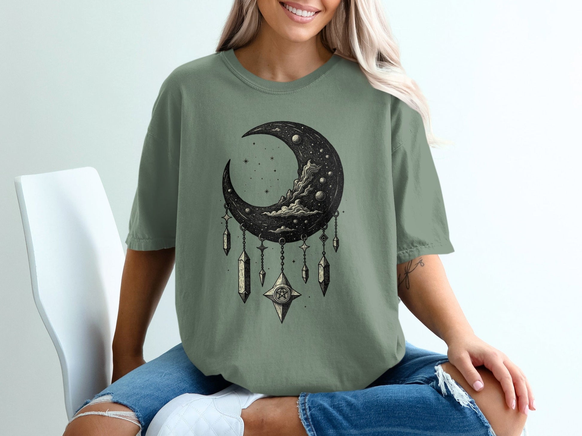 Crescent Moon With Stars And Pentagram Design Graphic T-Shirt - IconVexa
