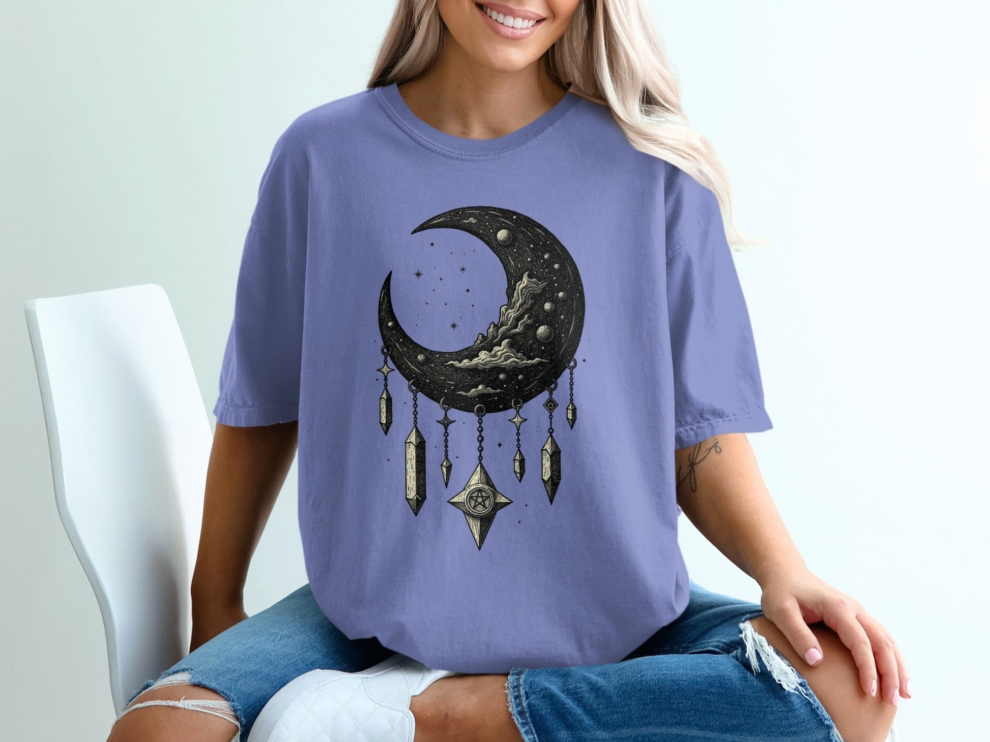 Crescent Moon With Stars And Pentagram Design Graphic T-Shirt - IconVexa