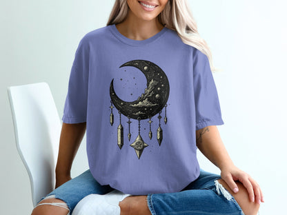 Crescent Moon With Stars And Pentagram Design Graphic T-Shirt - IconVexa