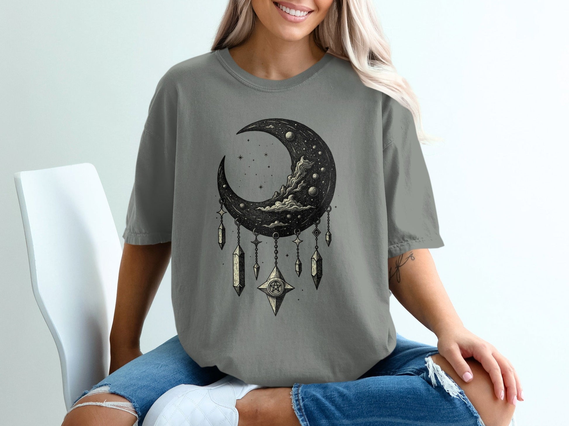 Crescent Moon With Stars And Pentagram Design Graphic T-Shirt - IconVexa