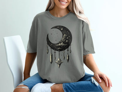 Crescent Moon With Stars And Pentagram Design Graphic T-Shirt - IconVexa