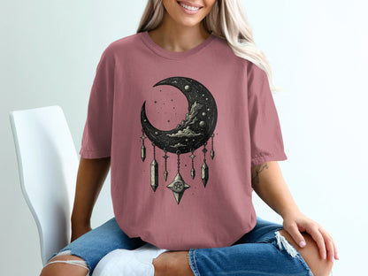 Crescent Moon With Stars And Pentagram Design Graphic T-Shirt - IconVexa