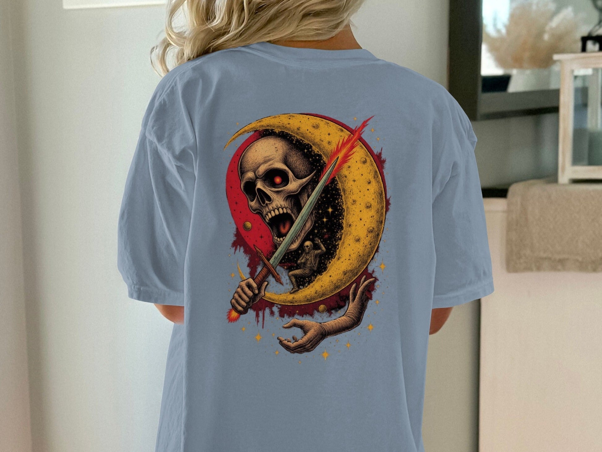 Crescent Skull and Sword Graphic Novelty Printed T-Shirt - IconVexa