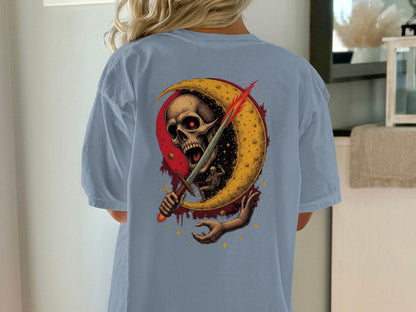 Crescent Skull and Sword Graphic Novelty Printed T-Shirt - IconVexa