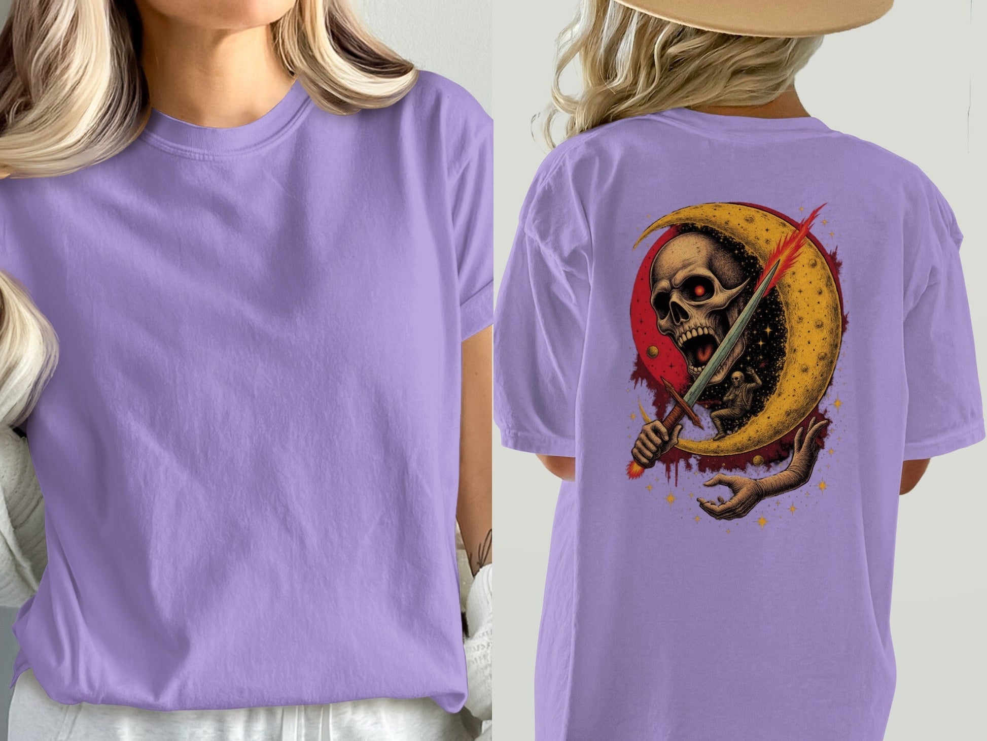 Crescent Skull and Sword Graphic Novelty Printed T-Shirt - IconVexa