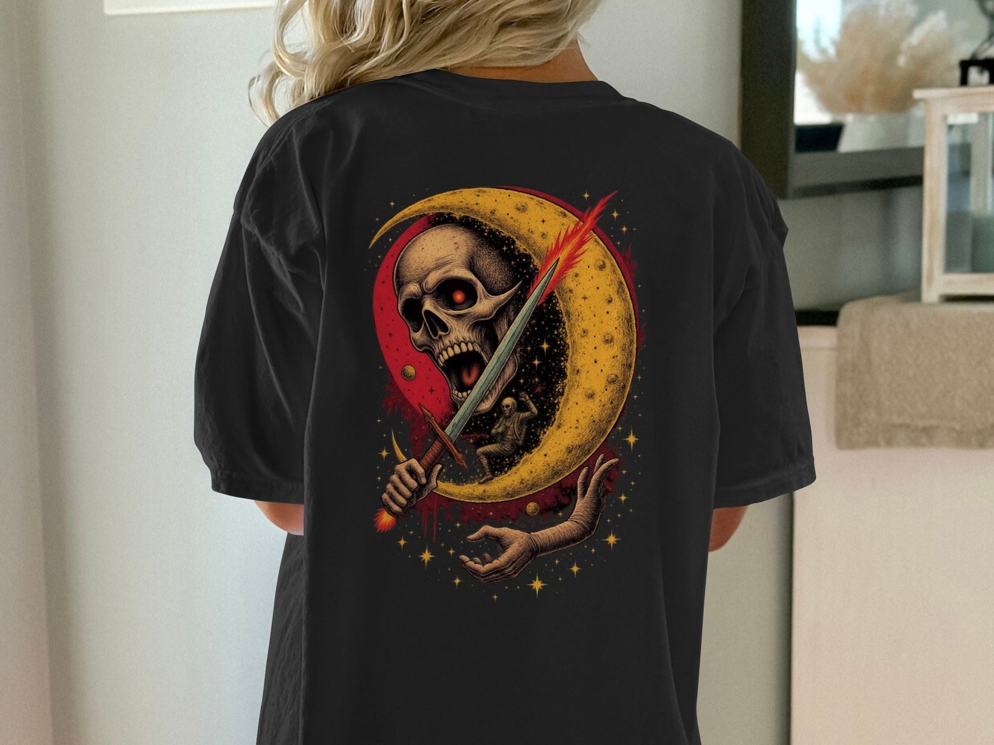 Crescent Skull and Sword Graphic Novelty Printed T-Shirt - IconVexa