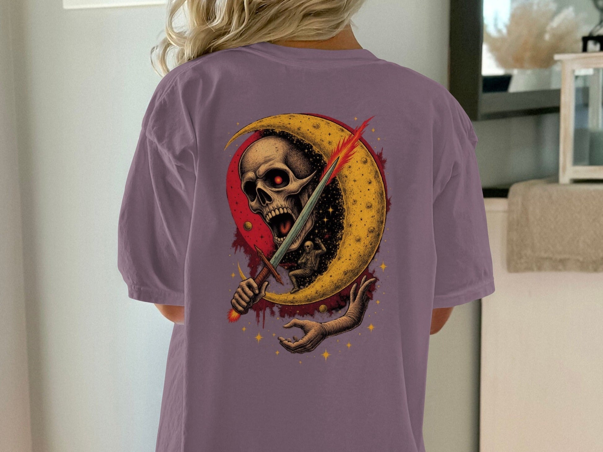 Crescent Skull and Sword Graphic Novelty Printed T-Shirt - IconVexa