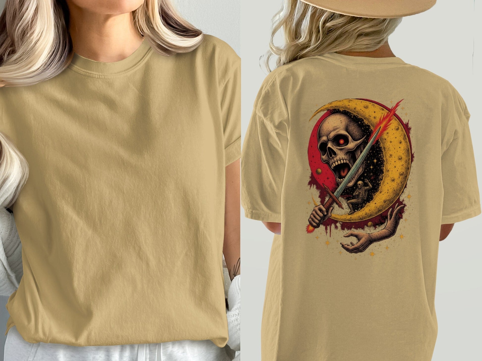 Crescent Skull and Sword Graphic Novelty Printed T-Shirt - IconVexa