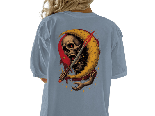 Crescent Skull and Sword Graphic Novelty Printed T-Shirt - IconVexa