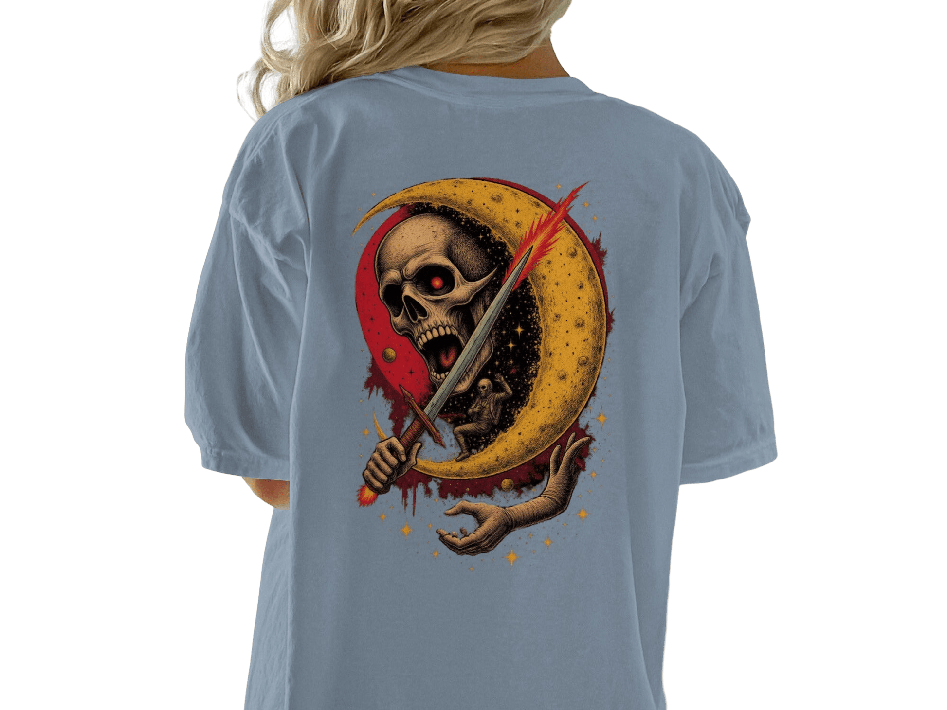 Crescent Skull and Sword Graphic Novelty Printed T-Shirt - IconVexa