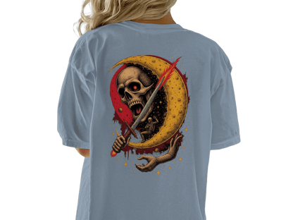 Crescent Skull and Sword Graphic Novelty Printed T-Shirt - IconVexa
