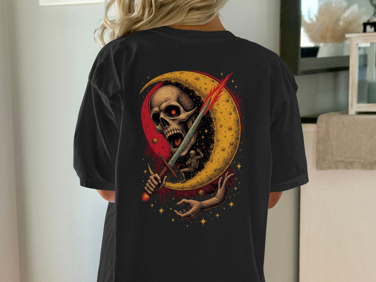 Crescent Skull and Sword Graphic Novelty Printed T-Shirt - IconVexa