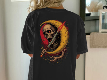 Crescent Skull and Sword Graphic Novelty Printed T-Shirt - IconVexa