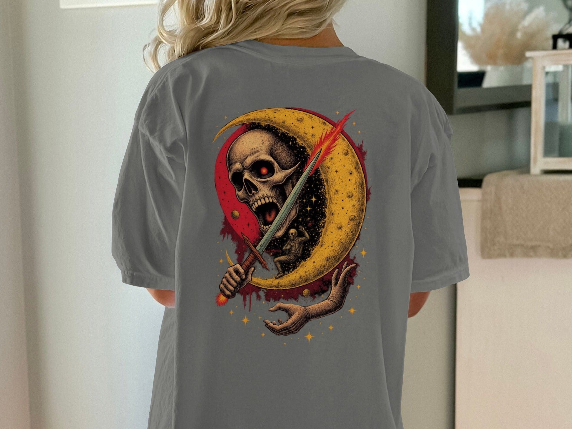 Crescent Skull and Sword Graphic Novelty Printed T-Shirt - IconVexa