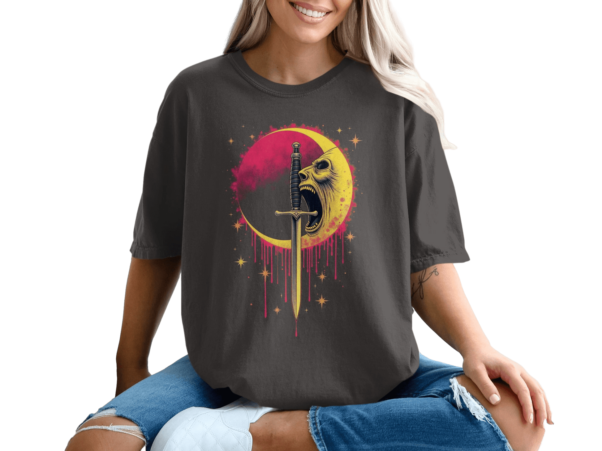 Crying Moon Sword Design Artistic Graphic Dark T-Shirt - IconVexa