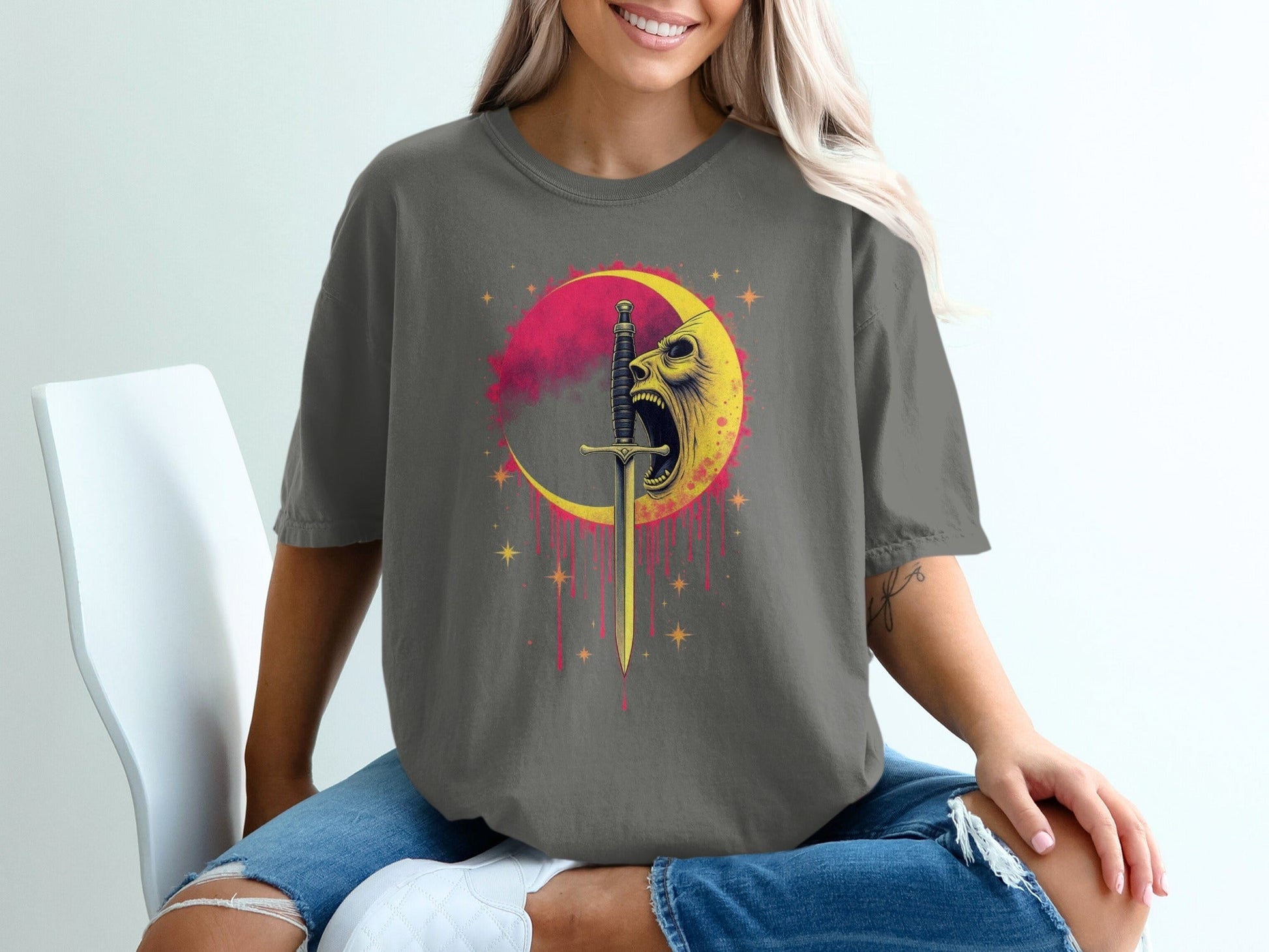 Crying Moon Sword Design Artistic Graphic Dark T-Shirt - IconVexa