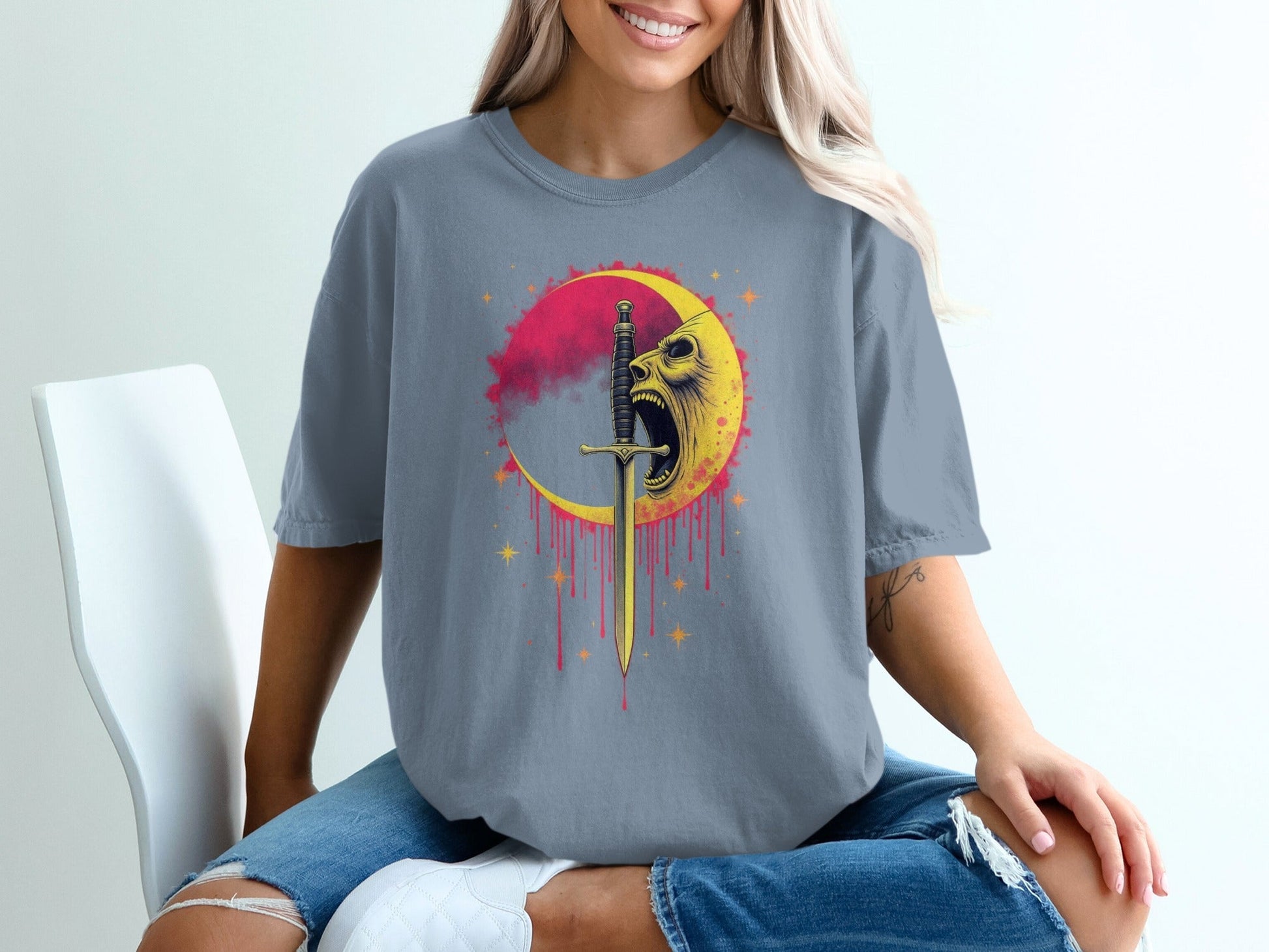Crying Moon Sword Design Artistic Graphic Dark T-Shirt - IconVexa
