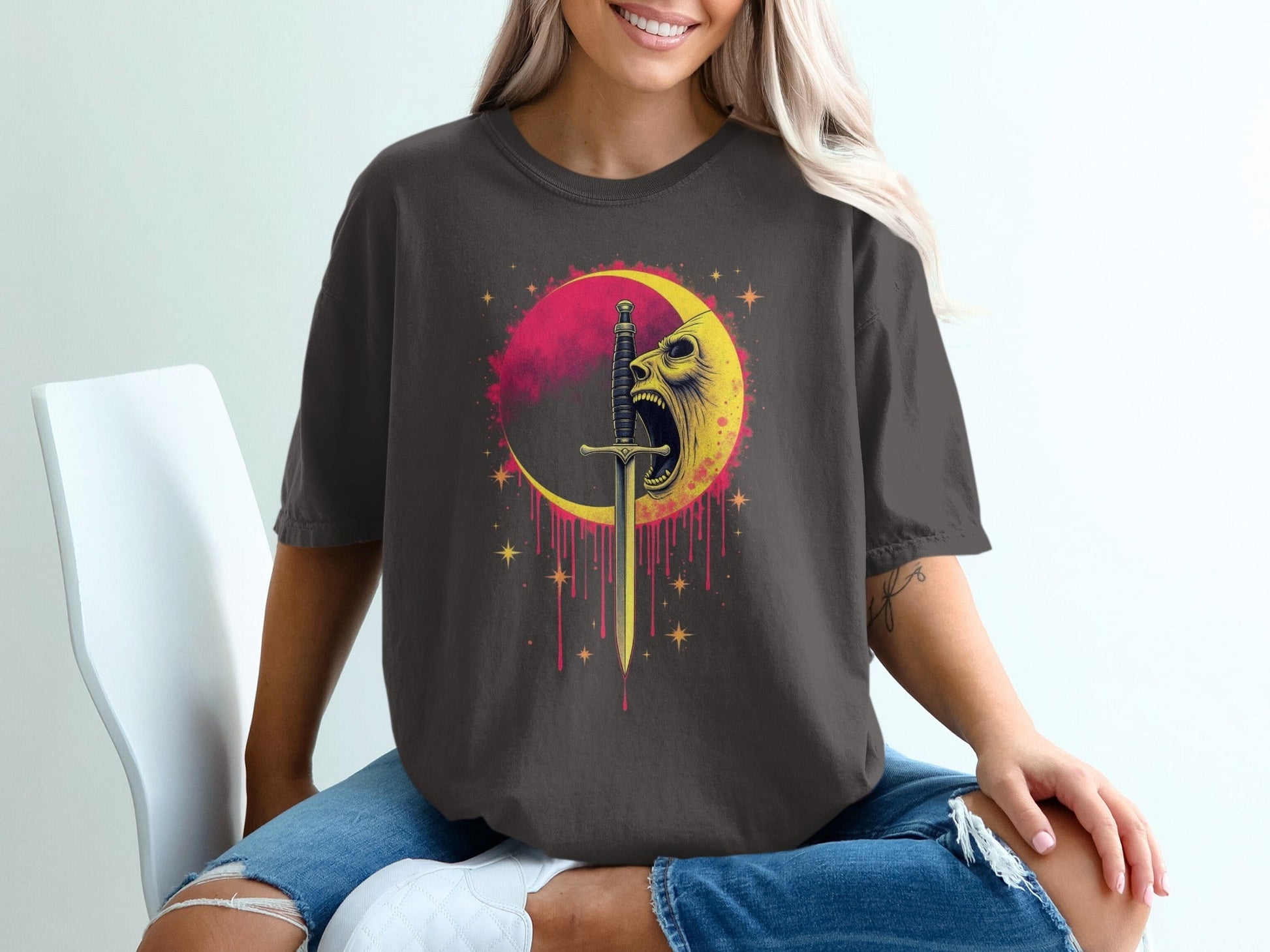 Crying Moon Sword Design Artistic Graphic Dark T-Shirt - IconVexa