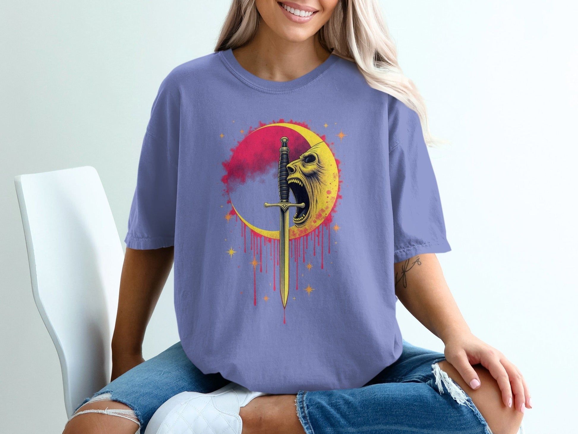 Crying Moon Sword Design Artistic Graphic Dark T-Shirt - IconVexa