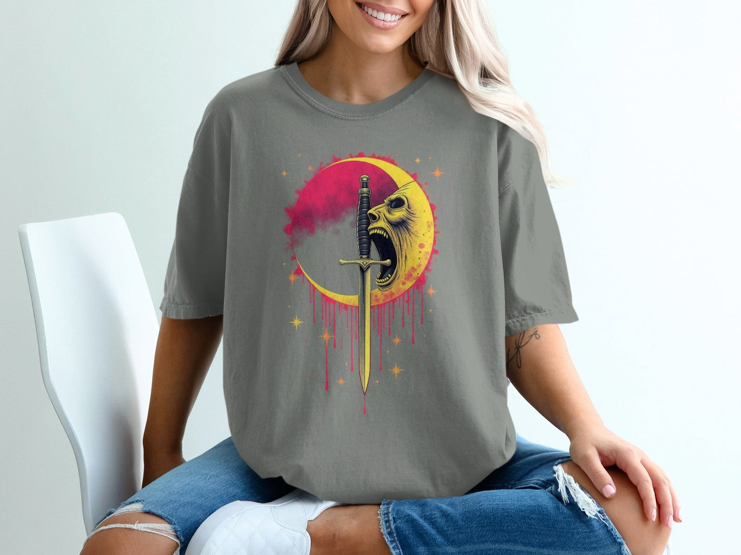 Crying Moon Sword Design Artistic Graphic Dark T-Shirt - IconVexa