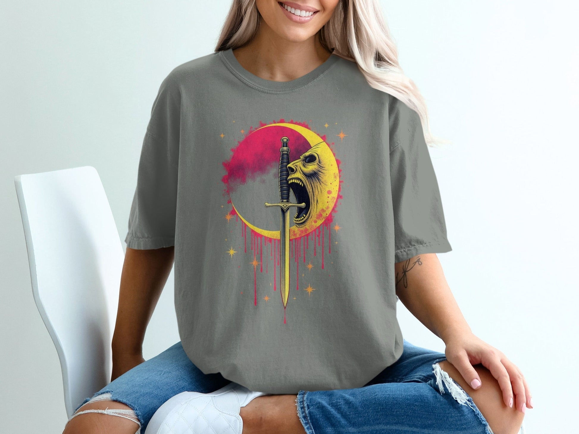 Crying Moon Sword Design Artistic Graphic Dark T-Shirt - IconVexa