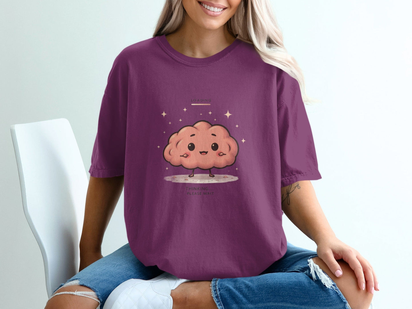 Cute Brain T-Shirt, Thinking Please Wait Tee, Funny T-Shirt, Kawaii T-Shirt, Animated Brain Shirt, Cartoon Brain Tee, Gift for Thinkers - IconVexa