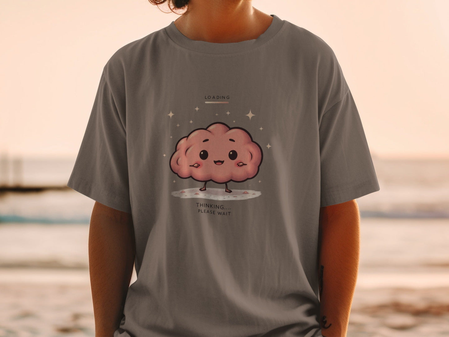 Cute Brain T-Shirt, Thinking Please Wait Tee, Funny T-Shirt, Kawaii T-Shirt, Animated Brain Shirt, Cartoon Brain Tee, Gift for Thinkers - IconVexa