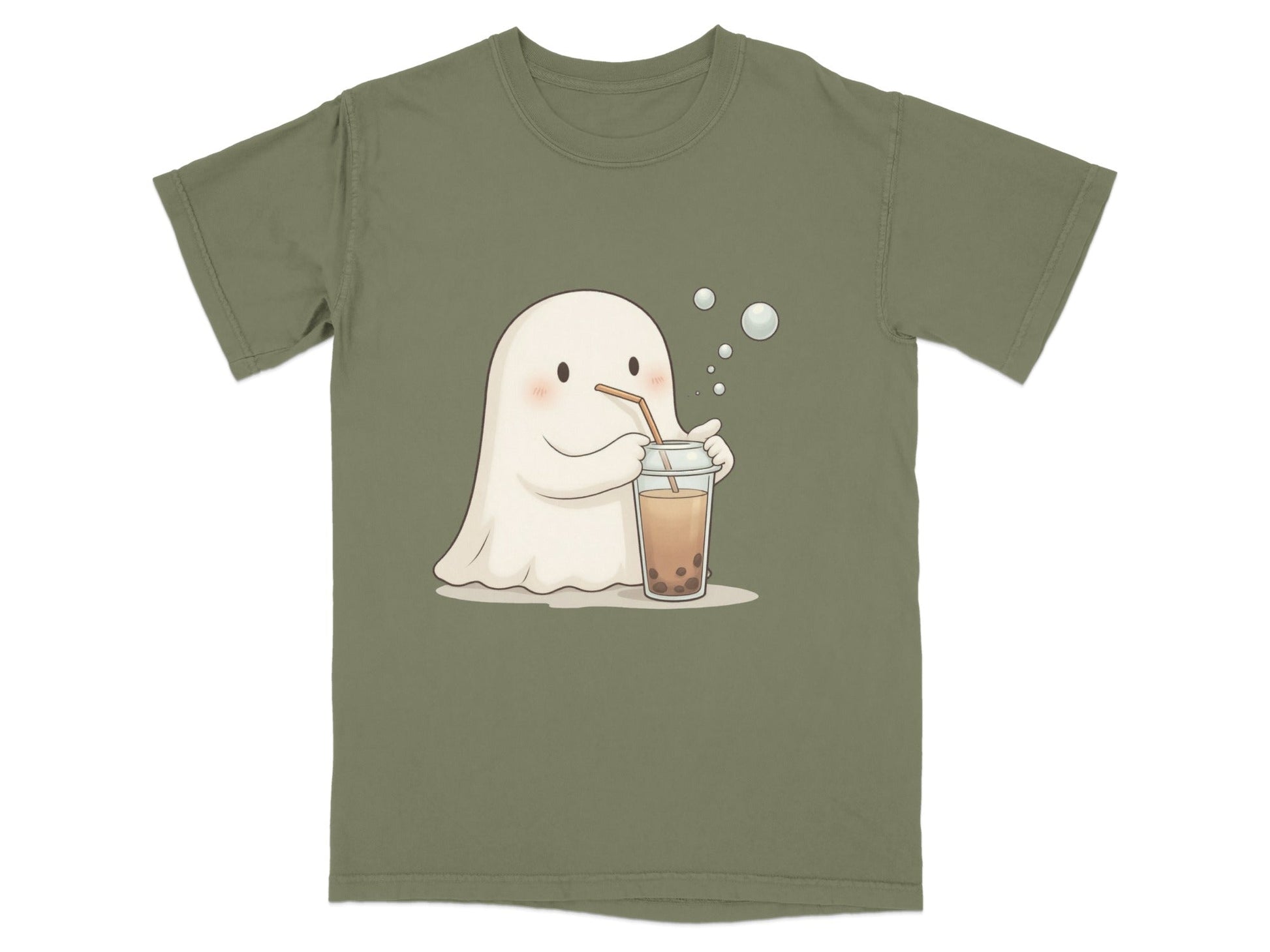 Cute Ghost Drinking Boba Tea Graphic Novelty Style T-Shirt - IconVexa